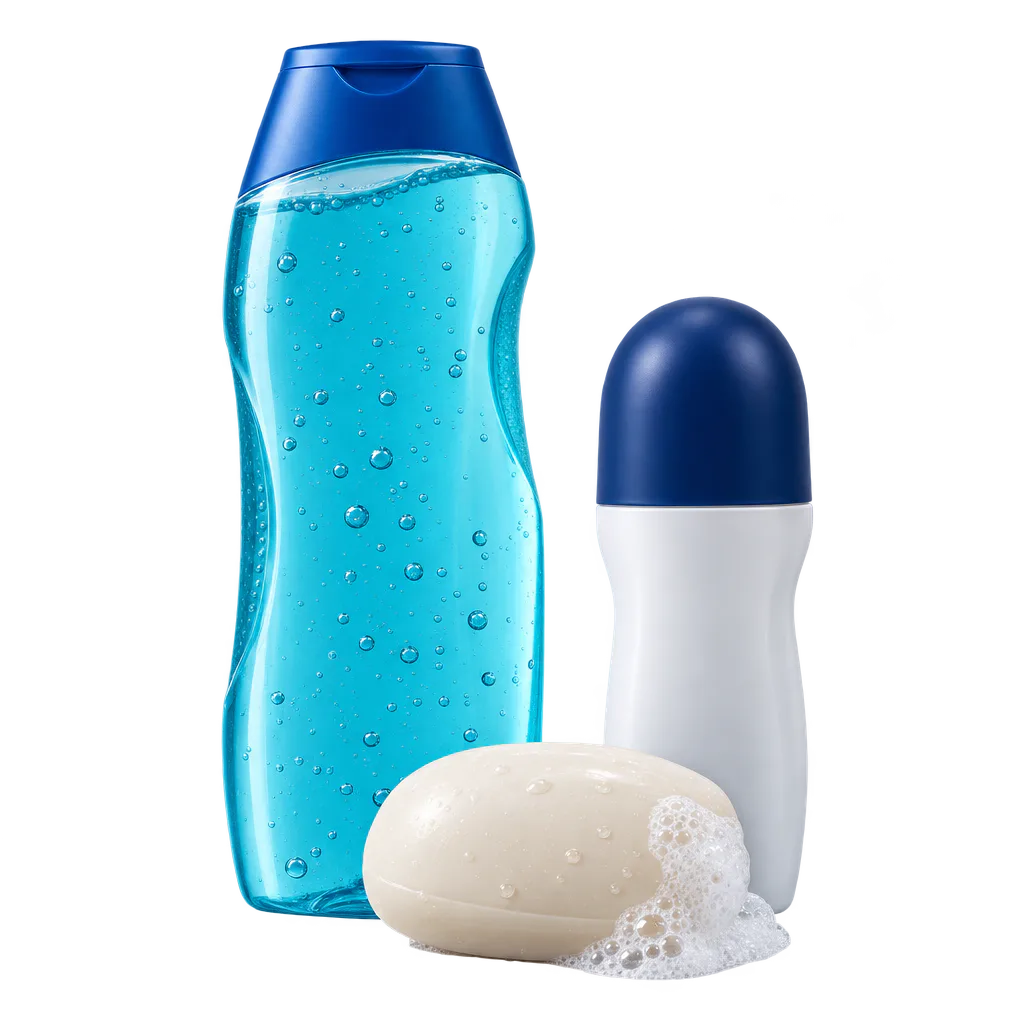 Image of shower gel and soap bar