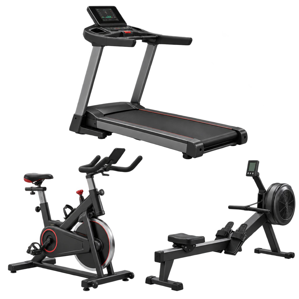 Treadmill, exercise bike and rowing machine