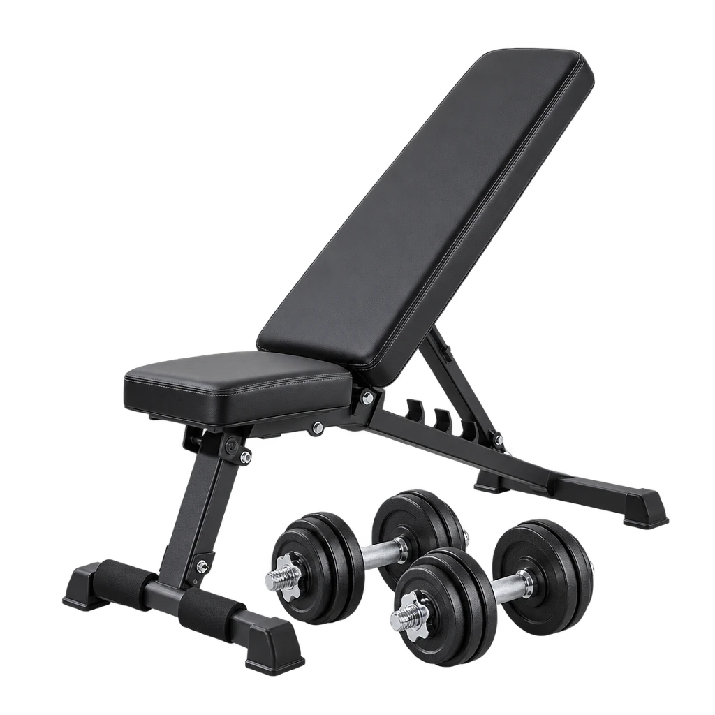 Dumbells and exercise bench