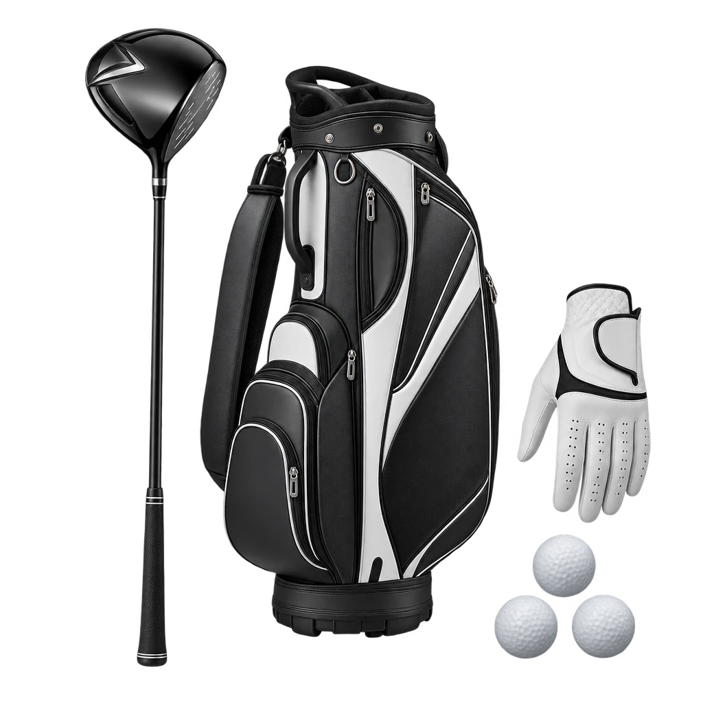 Golf driver, bag, glove and balls